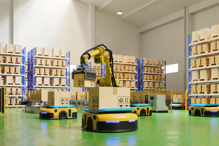 robots picking boxes in a warehouse