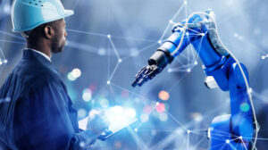 robot in front of a man